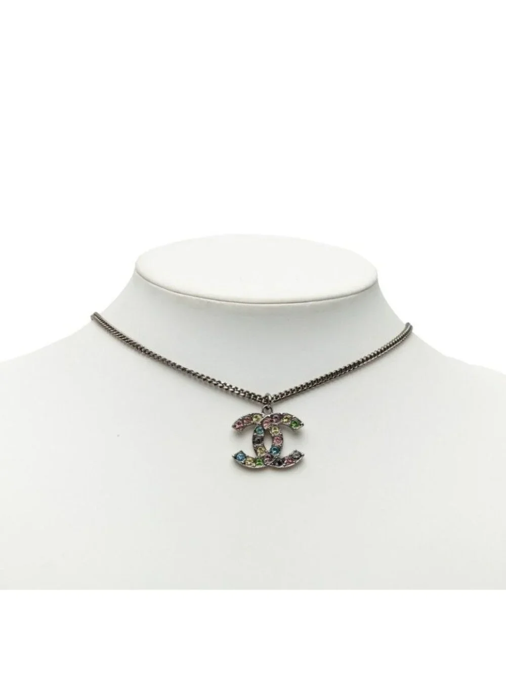 Chanel CC Logo Necklace Silver Metal Rhinestone